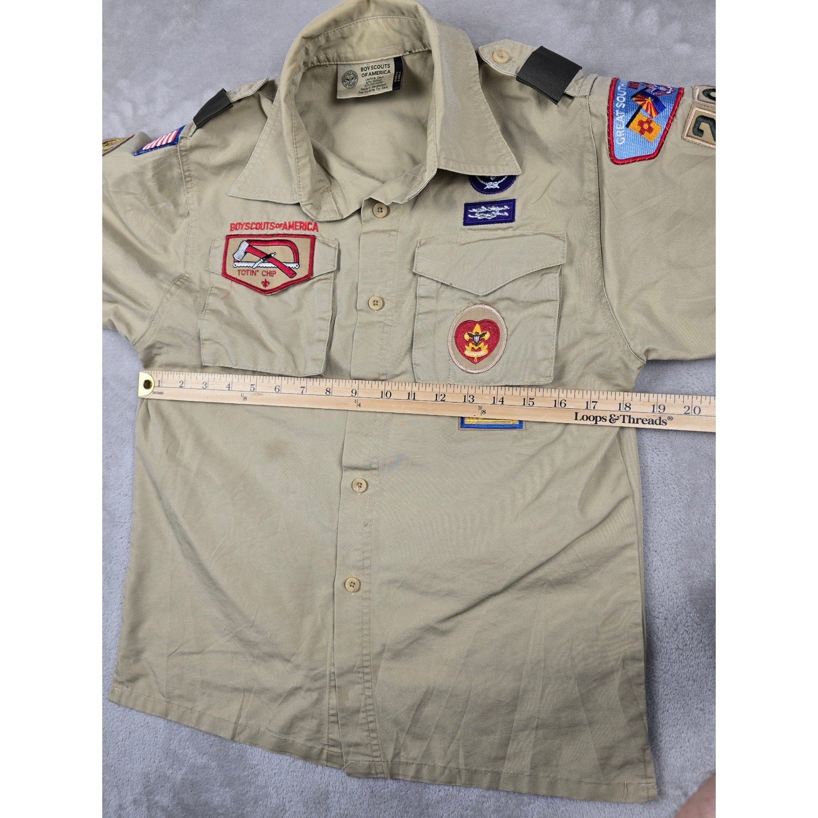 Boy Scouts of America Shirt Kids Youth L Khaki Tan Patches BSA Poly Cotton