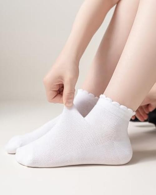 Funjoon Girls Ruffle Socks School Uniform Kids Cotton Crew 4-6 Years White