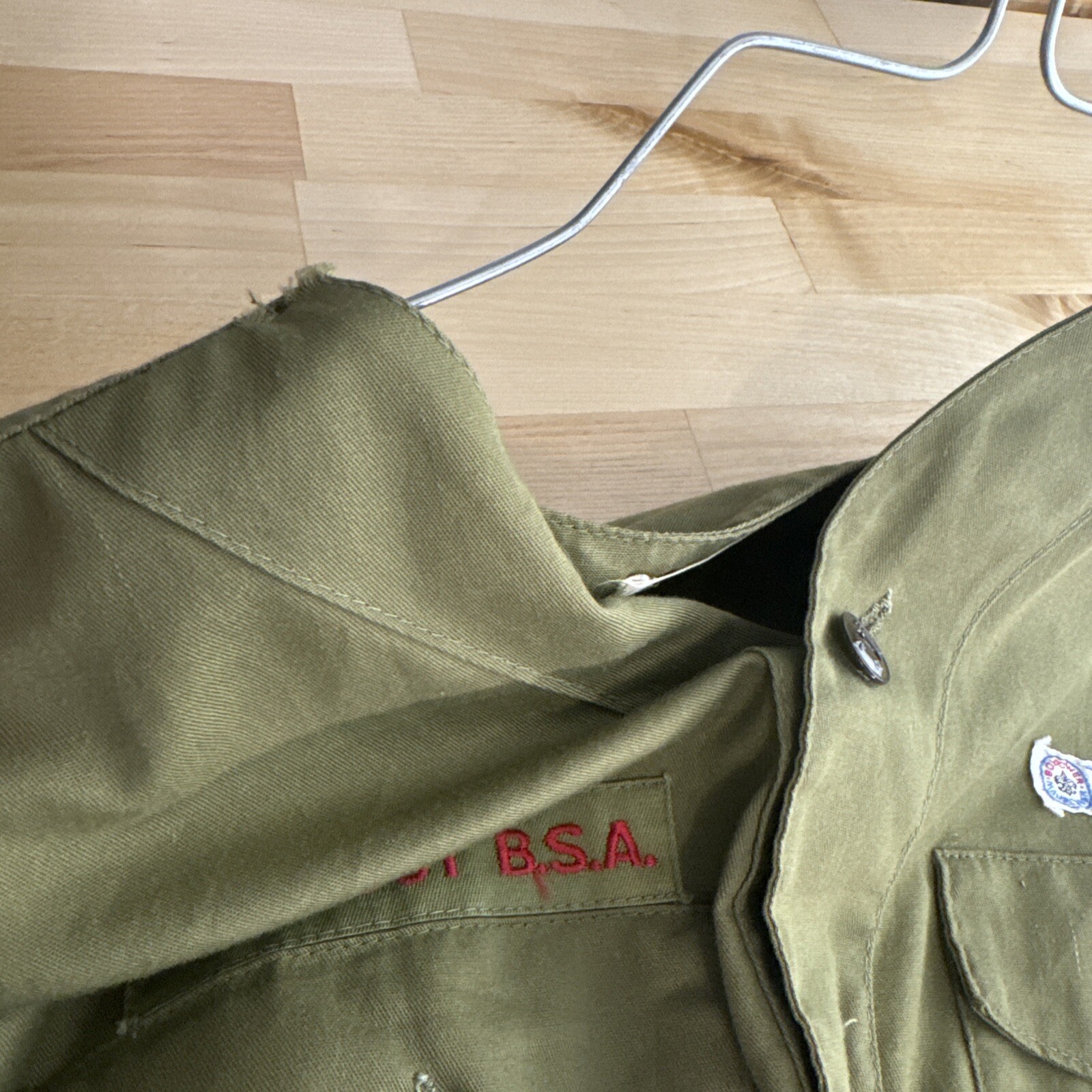 Boy Scouts of America Uniform Shirt Long Youth Large Green Collarless VTG Damage