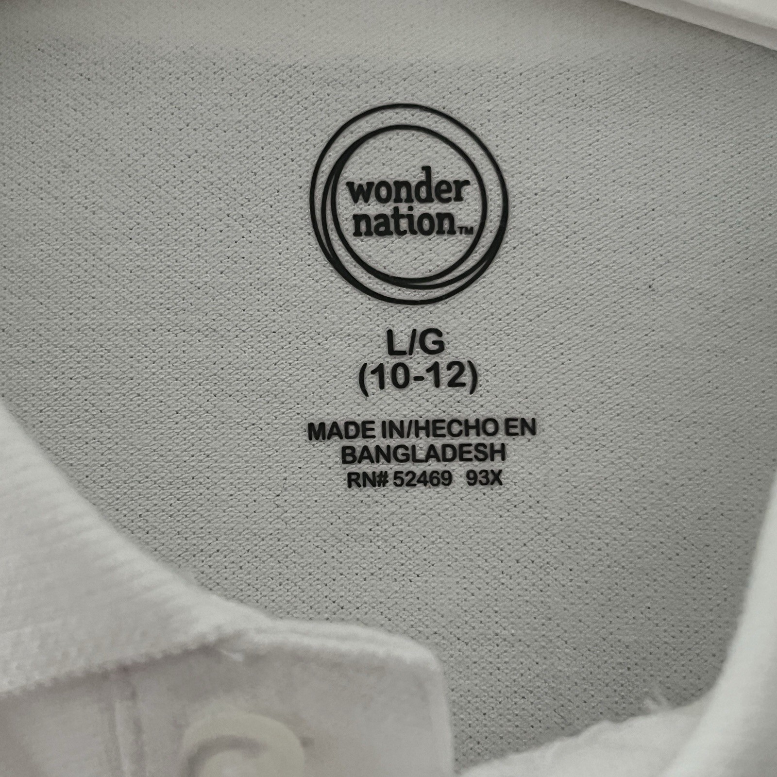 WONDER NATION L (10-12) Boy’s White School Uniform Short Sleeve Polo Top collar