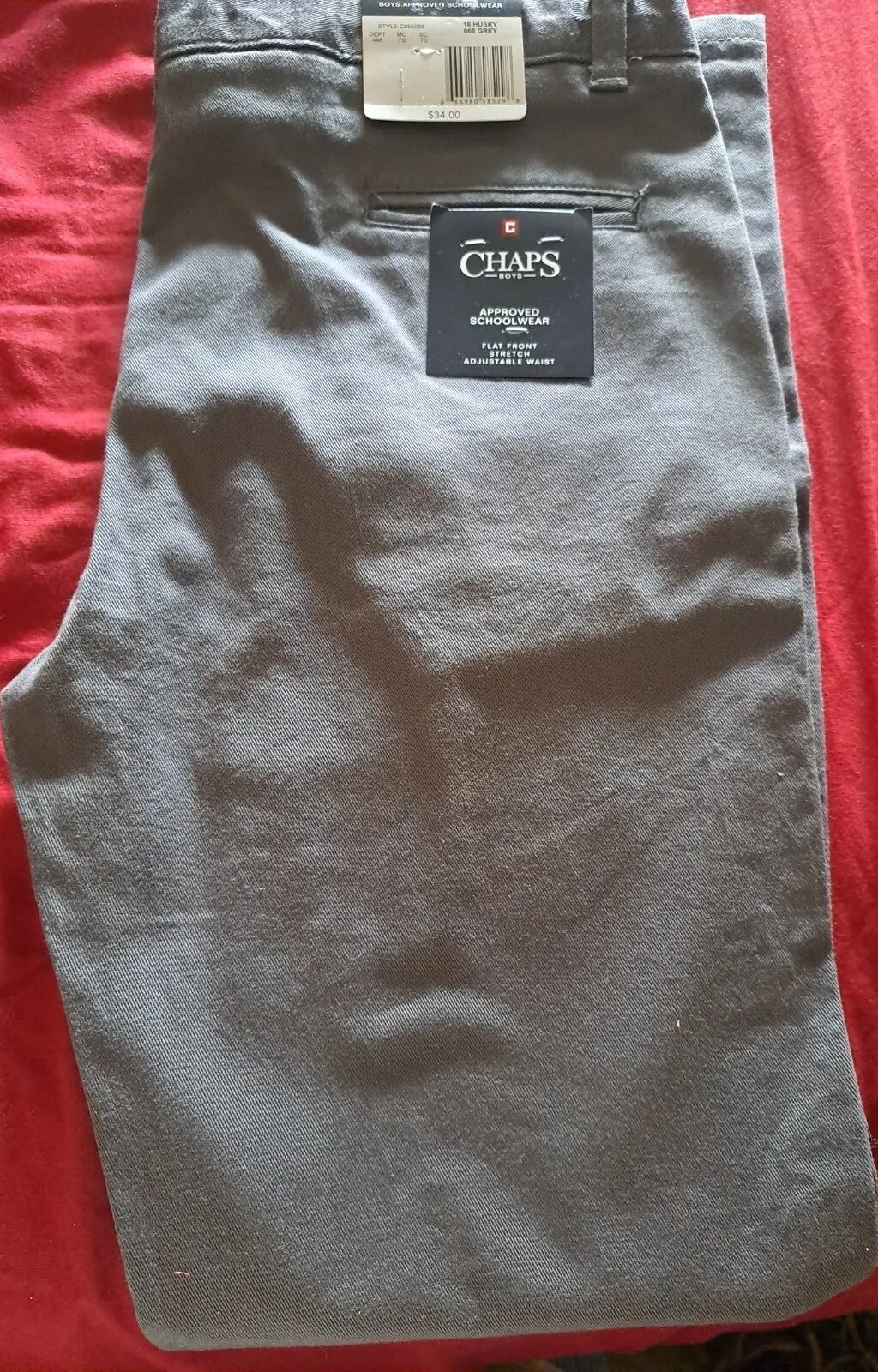 Boys’ CHAPS Grey Flat Front Comfort Stretch Pants Size 18 Husky NEW WITH TAGS.