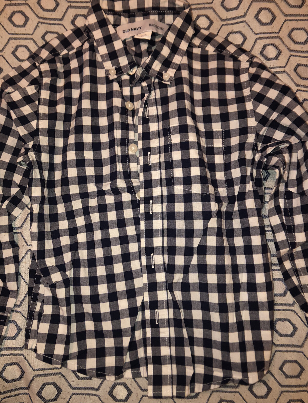Boy’s Navy Blue & White Plaid Button Down Shirt From Old Navy, Size XS