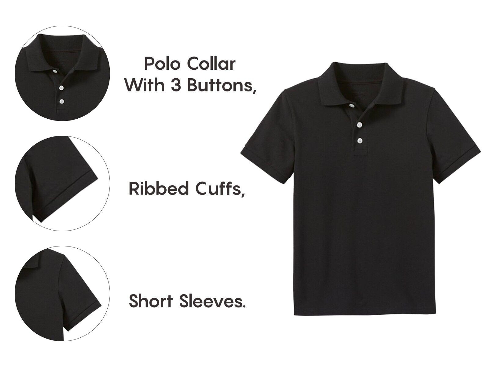 Boy’s School Uniform Short Sleeve Black Polo Shirt TAGLESS (Sizes, 4-14) NWT