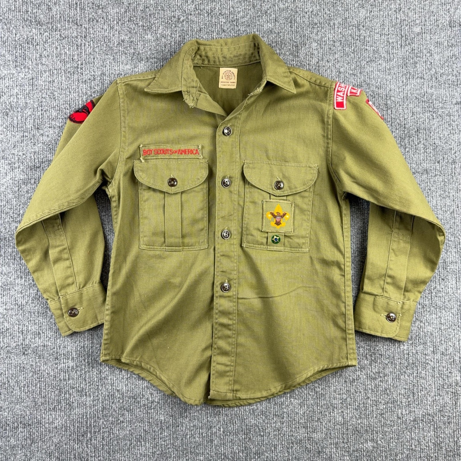 Vintage Boy Scouts Of America Shirt Boys Medium Green Uniform Twill Patches