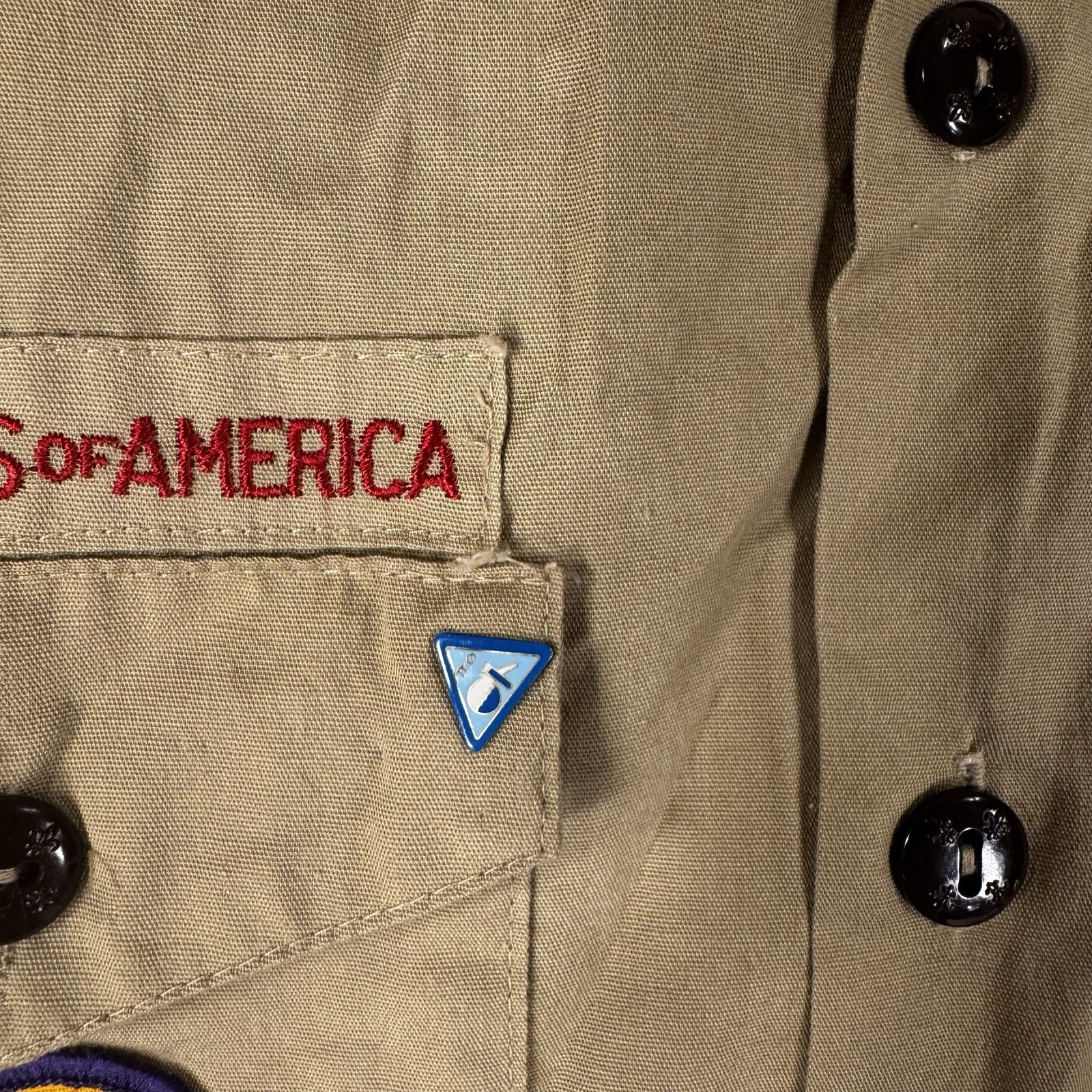 Boy Scouts BSA Cub Scouts Shirt Youth Large Tan Long Sleeve Uniform Patch Stains