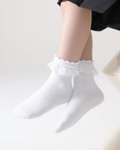 Funjoon Girls White Ruffle Socks Toddler Girls Lace 8-10 Years 6 Pack White