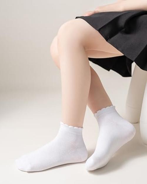 Funjoon Girls Ruffle Socks School Uniform Kids Cotton Crew 4-6 Years White