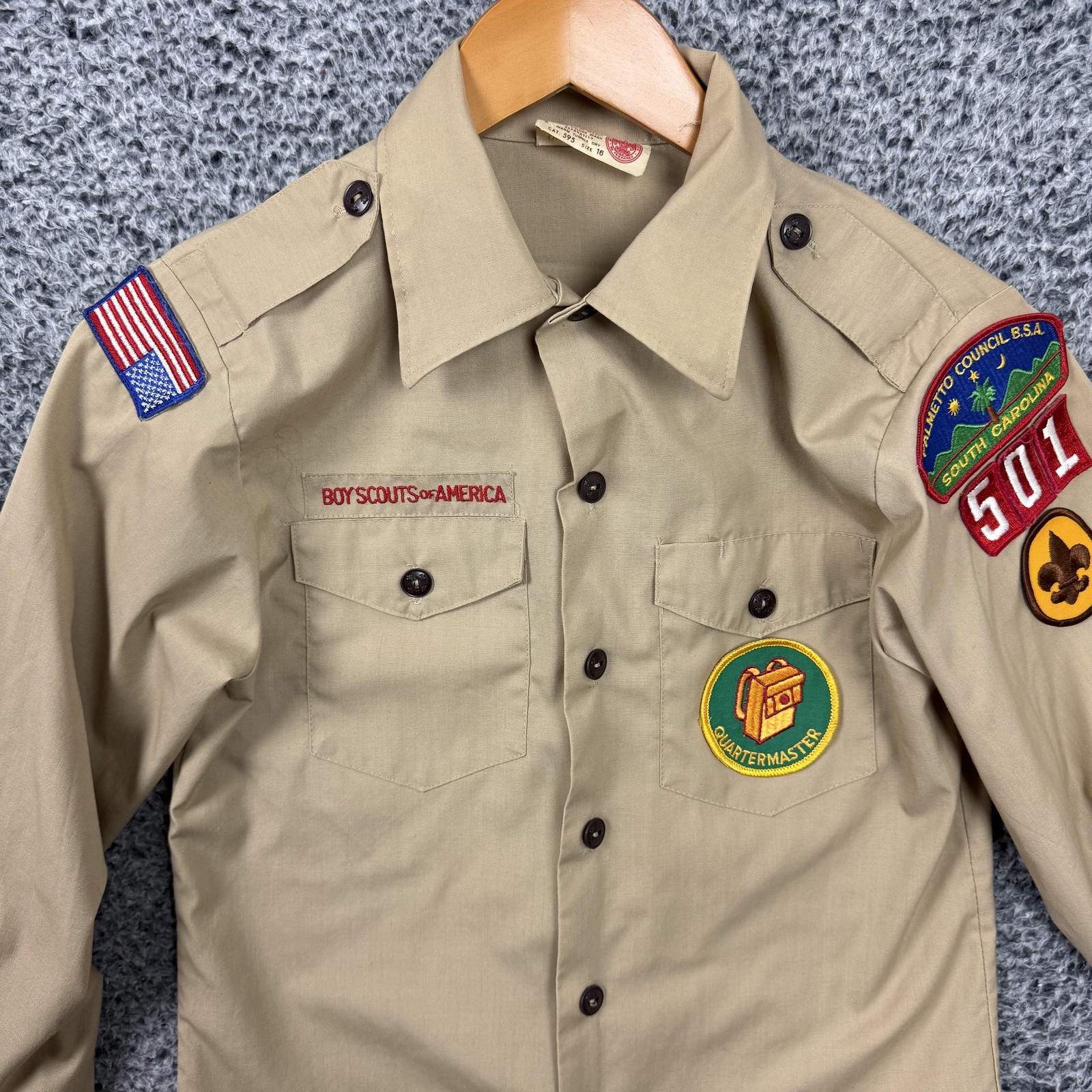Vintage Boy Scouts Of America Shirt Boys 16 Beige Uniform Long Sleeve Patches