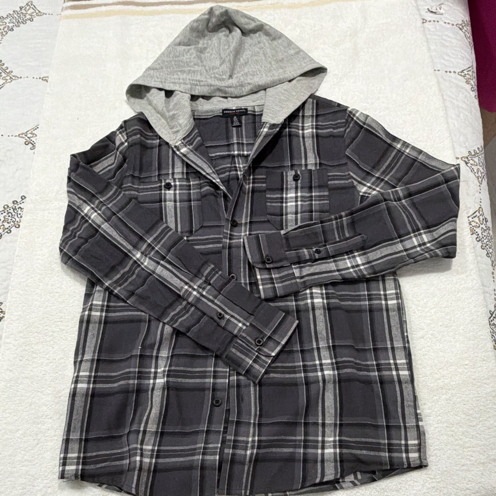 French Toast Boys Hooded Plaid Button-Front Shirt Gray Size 16 Long Sleeve