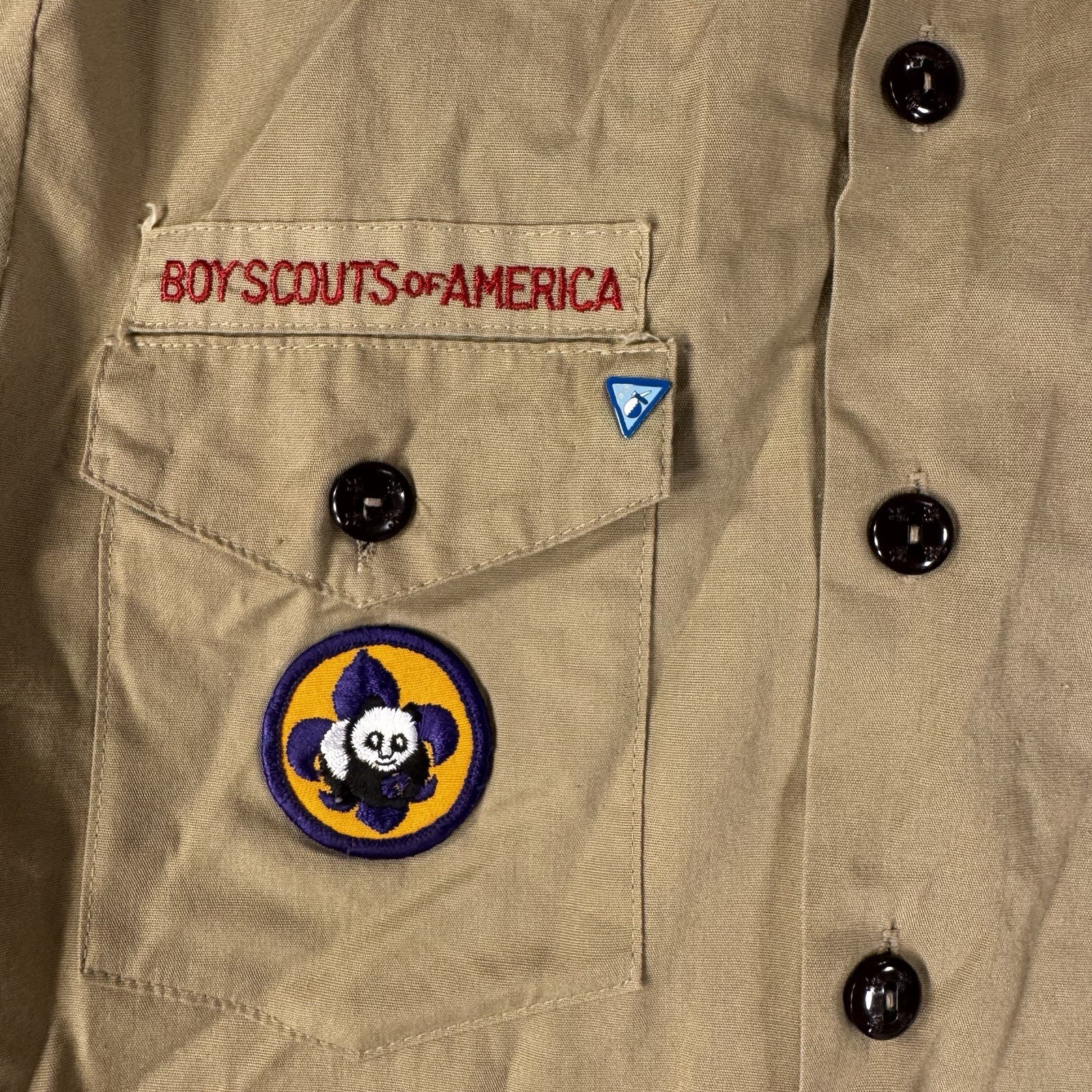 Boy Scouts BSA Cub Scouts Shirt Youth Large Tan Long Sleeve Uniform Patch Stains