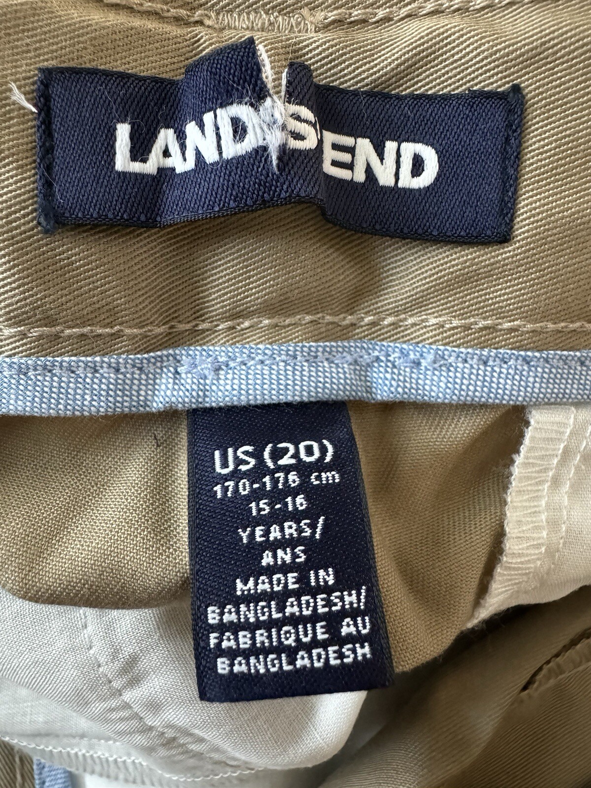 Lands End Boys Sz 20 15-16 YRS Khaki Chino Pants 34Wx30L” Iron Knee #3483