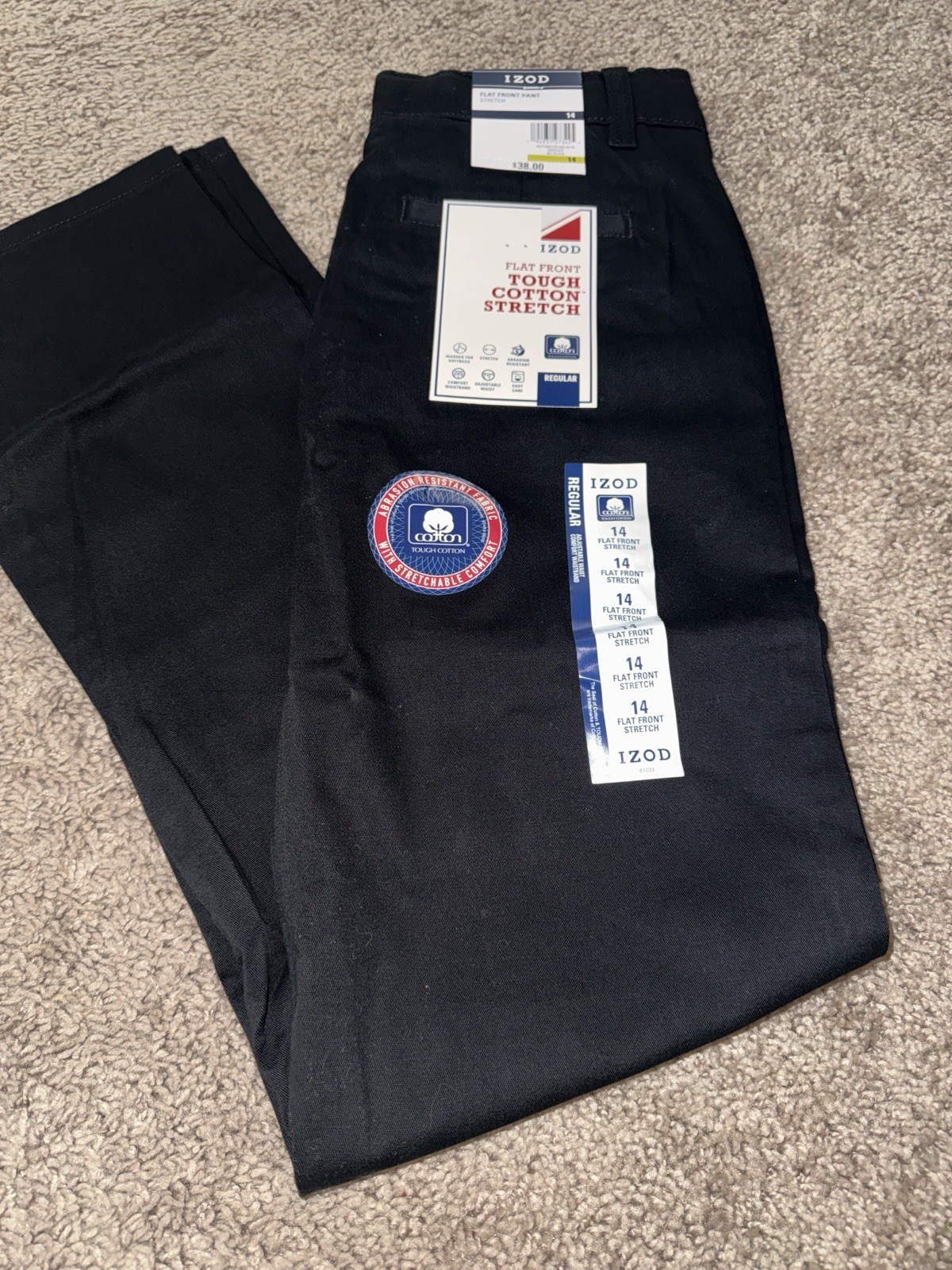 IZOD Boys Black Flat Front Uniform Pants Size 14 Stretch Twill