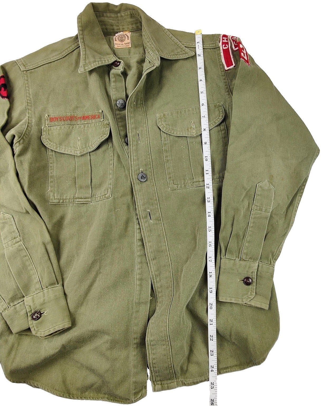 Vintage Boy Scouts Of America Shirt Boys 10-12 Green Uniform Twill Long Sleeve