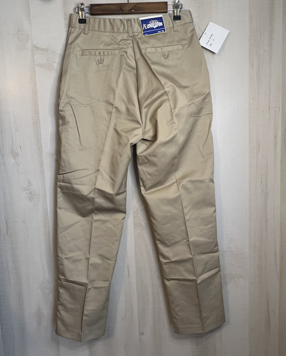 A+ School Uniform Pants Boys Size 16 29 x 28 Khaki Flat Front Waist Adjusts NWT
