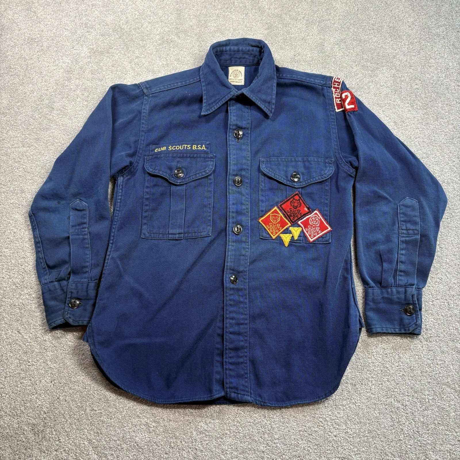 1960s Boy Scouts Of America Sanforized Uniform Shirt Navy Blue Patches NY VTG
