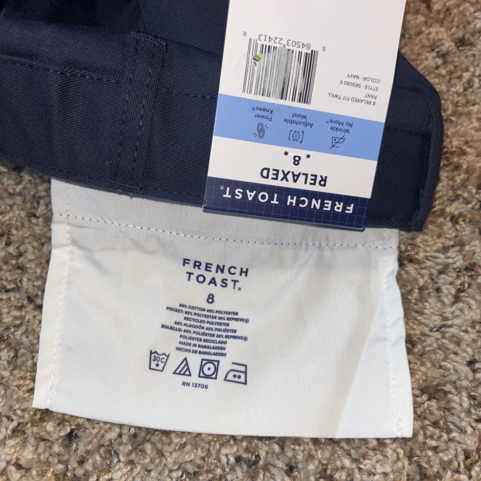 New With Tags French Toast School Uniform Size 8 Relaxed Navy Pants W/Adj Waist