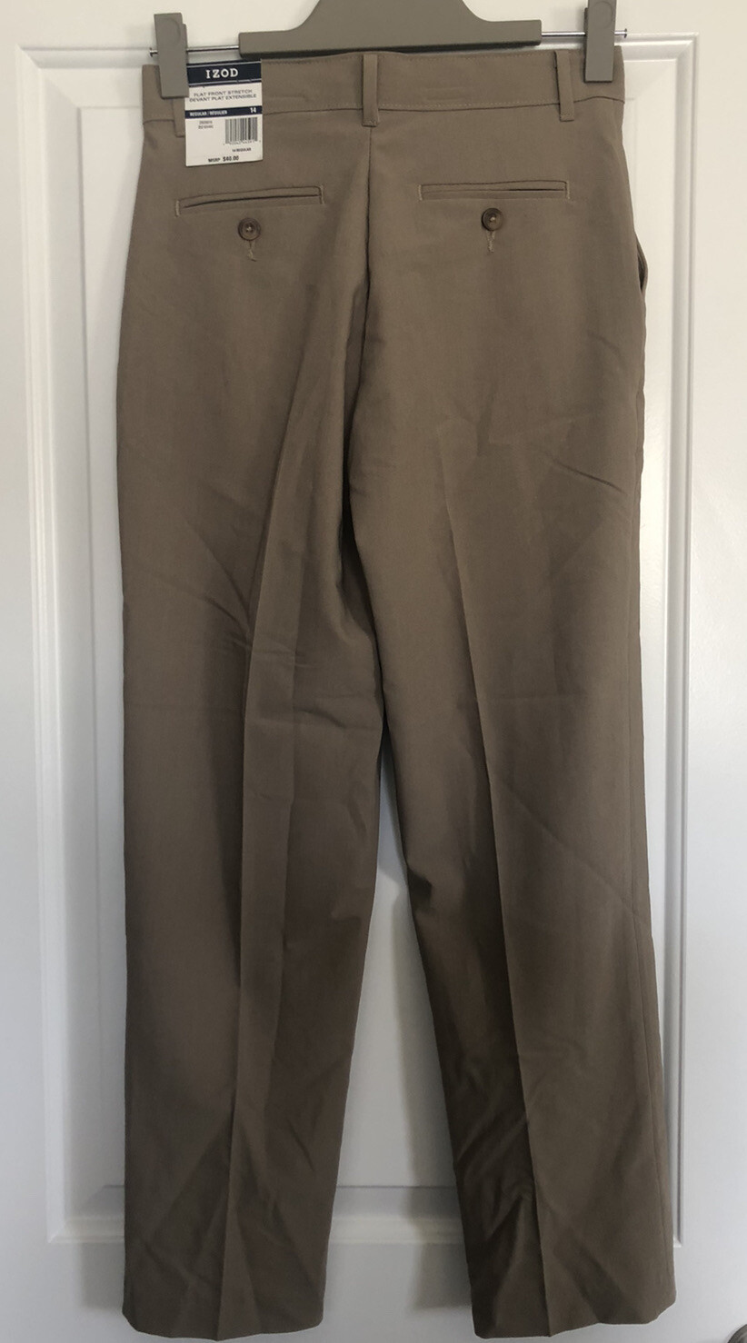 NWT Boy’s Izod Flat Front Stretch Pants Khaki Tan Size 14 Regular Uniform