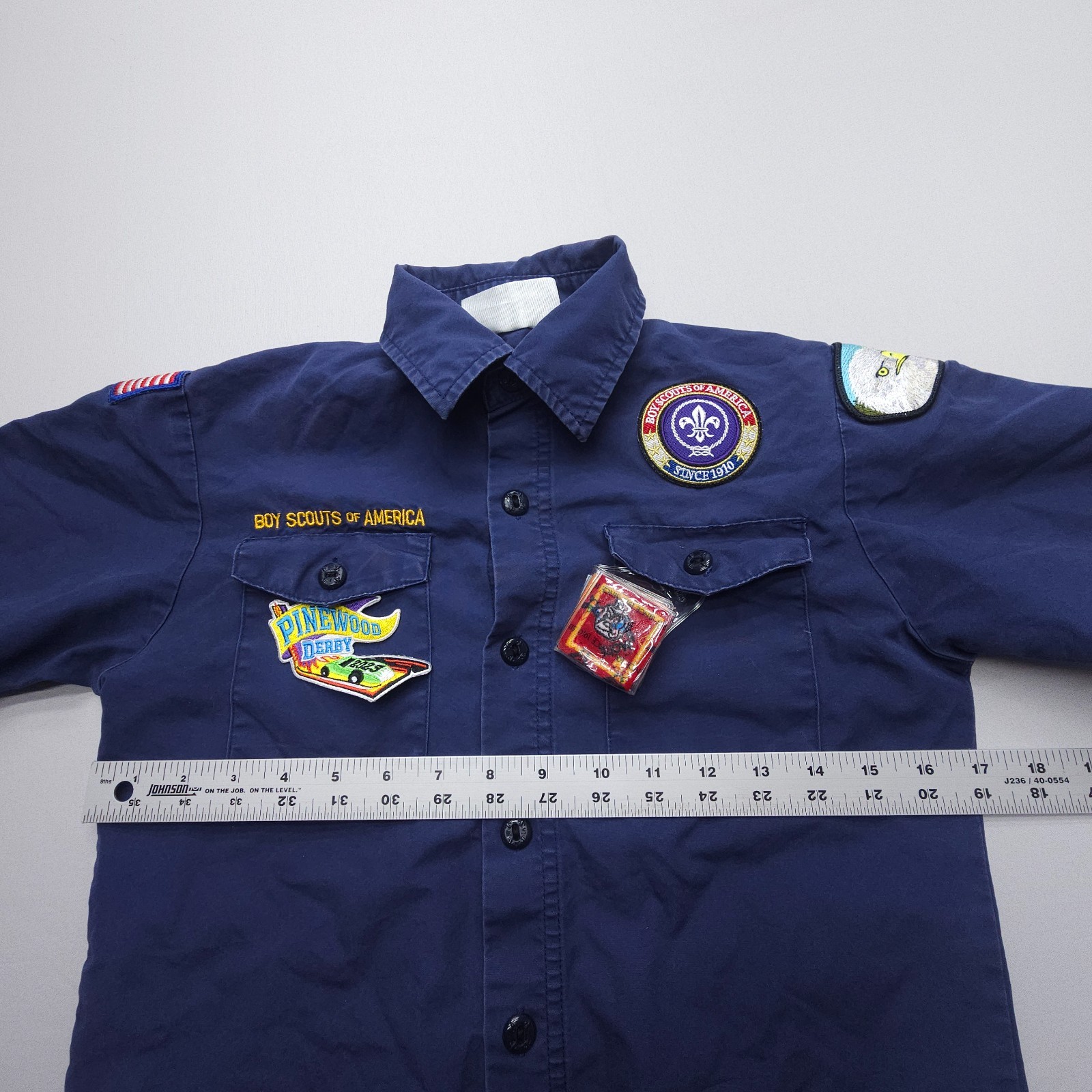 Boy Scouts Of America Boys Youth Medium Uniform Shirt Blue BSA Multiple Patches