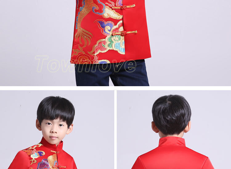 Chinese Tang Suit Red Clothing for Kids Boy Hanfu Top Dragon Print Party Stage