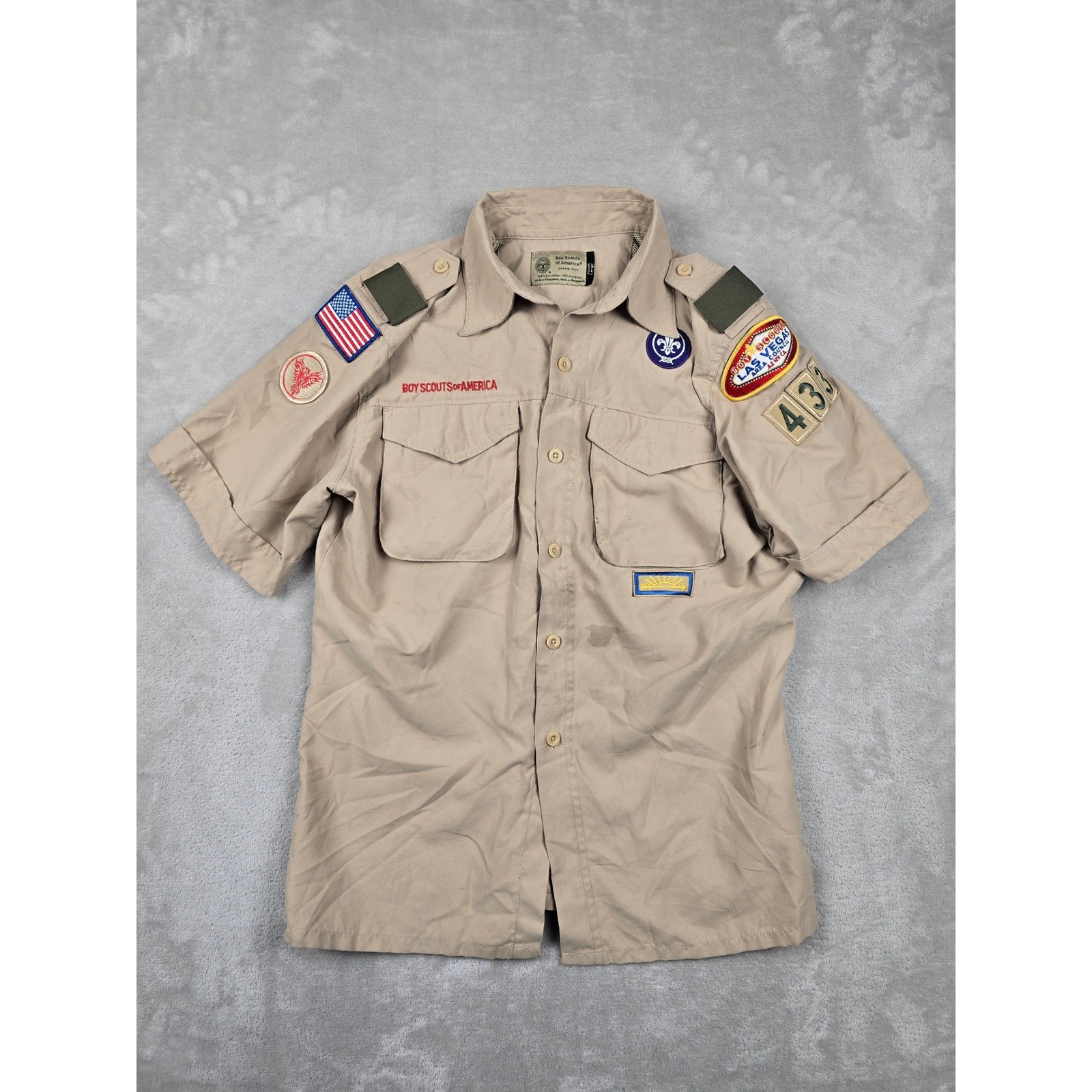 Boy Scouts of America Shirt Youth L Tan Vented Short Sleeve Patches Las Vegas