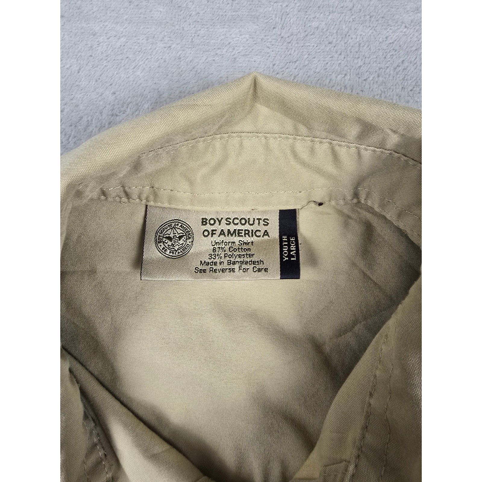 Boy Scouts of America Shirt Kids Youth L Khaki Tan Patches BSA Poly Cotton