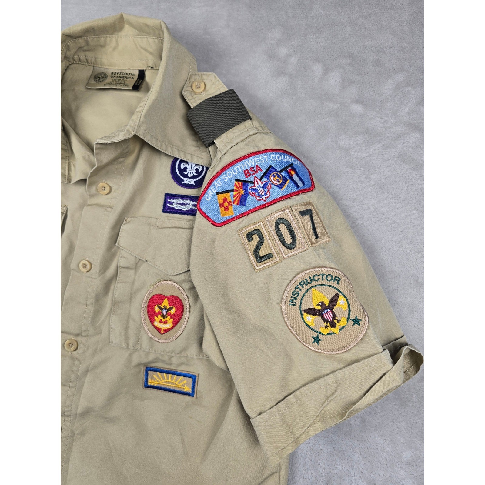 Boy Scouts of America Shirt Kids Youth L Khaki Tan Patches BSA Poly Cotton