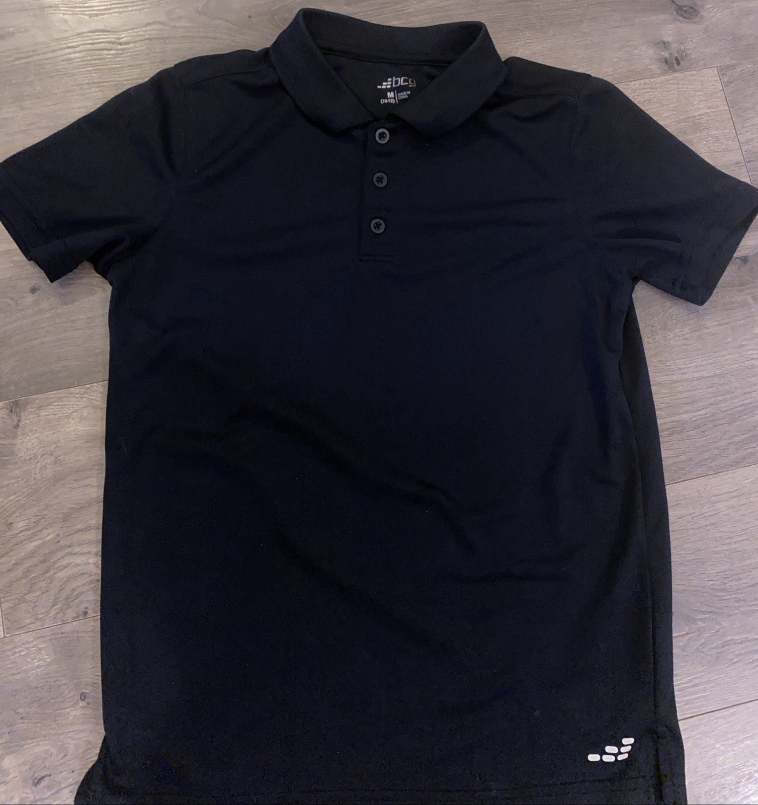 BCG Boys Dry Fit Polo Shirt Black Sz Medium 10/12 Pit 2 P 15” Shoulder 2 W 21.5”