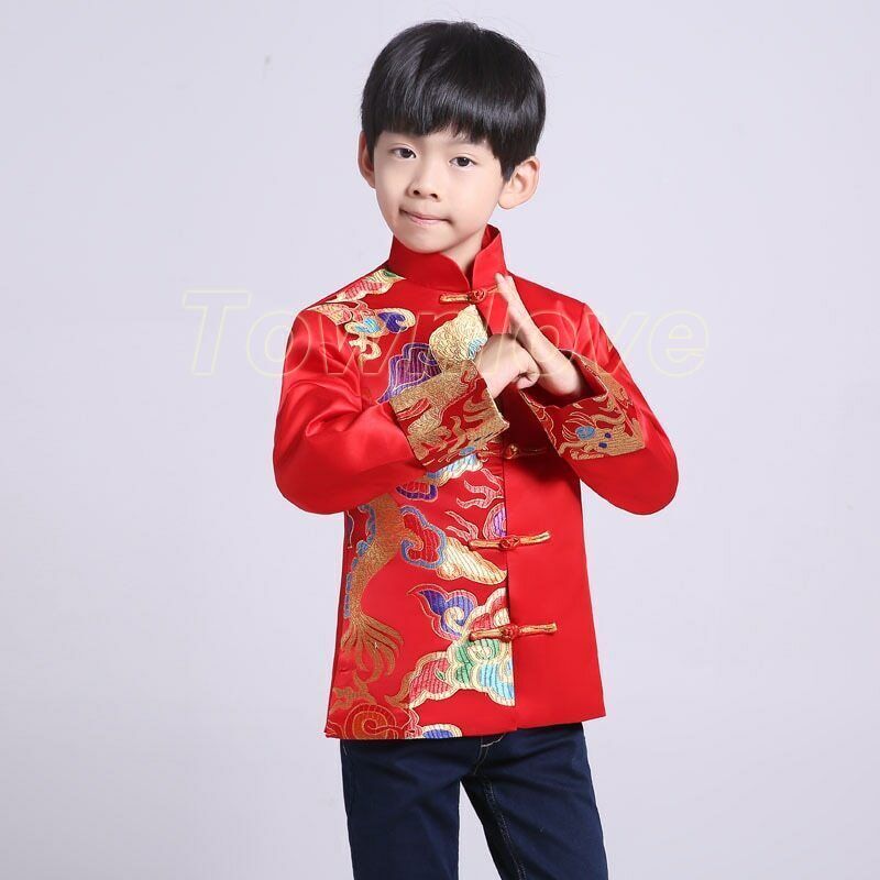 Chinese Tang Suit Red Clothing for Kids Boy Hanfu Top Dragon Print Party Stage