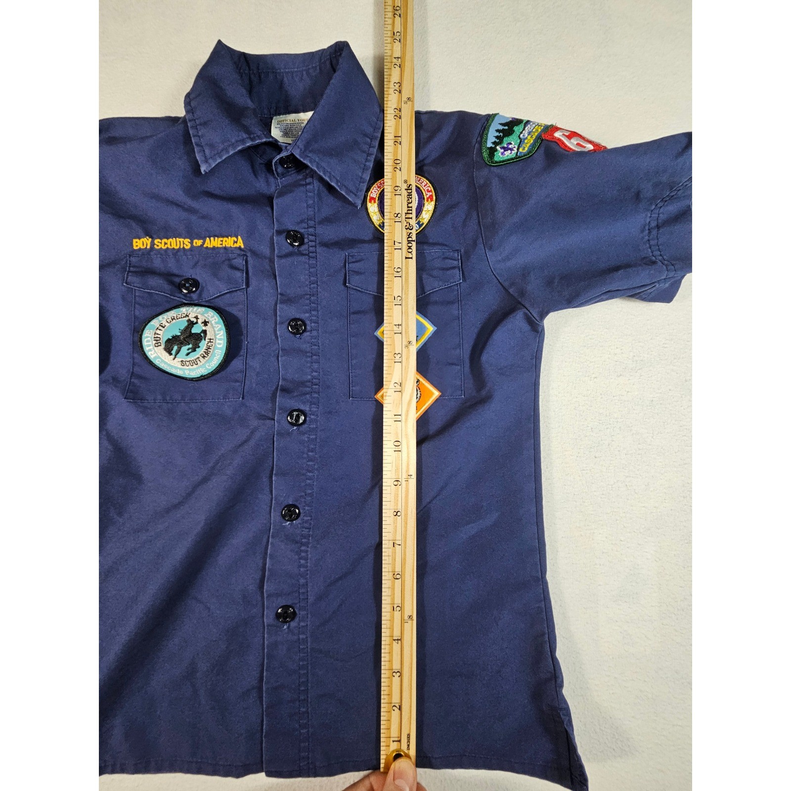 Boy Scouts of America Youth Medium Navy Blue Short Sleeve Uniform Shirt Patches
