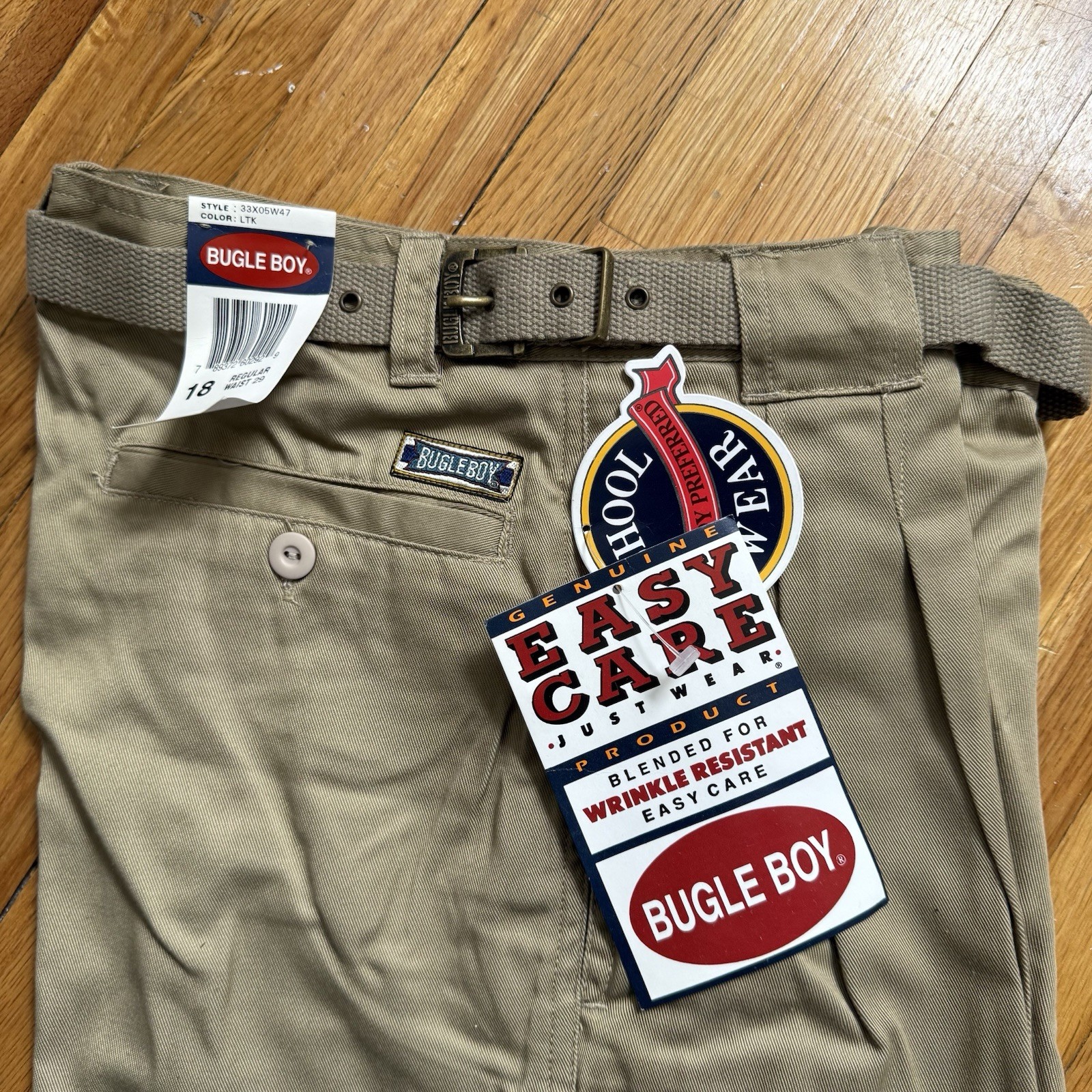 Bugle Boy Khaki Pleated Front Chino Pants Prep School Uniform w Belt Size 18 NWT