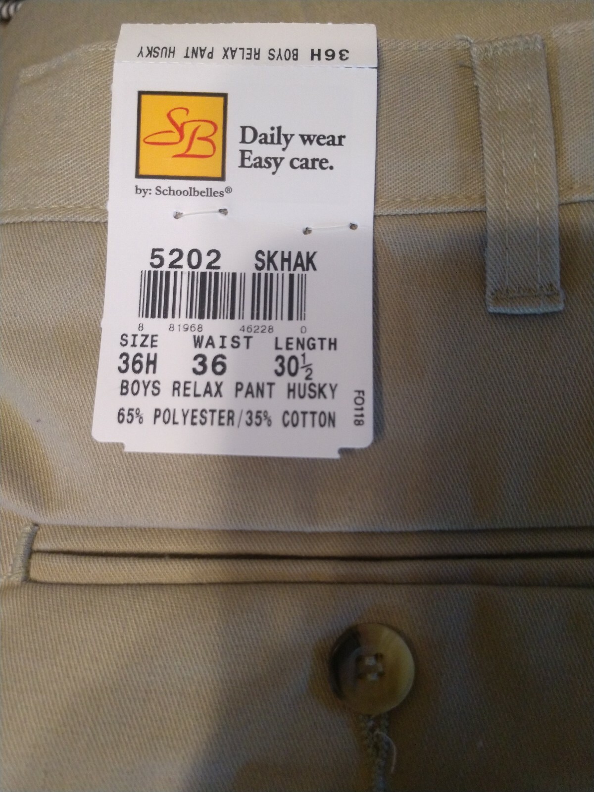 S/B SCHOOLBELLES UNIFORM PANTS RELAXED FIT BOYS HUSKY (35 X 30) KHAKI EASY CARE