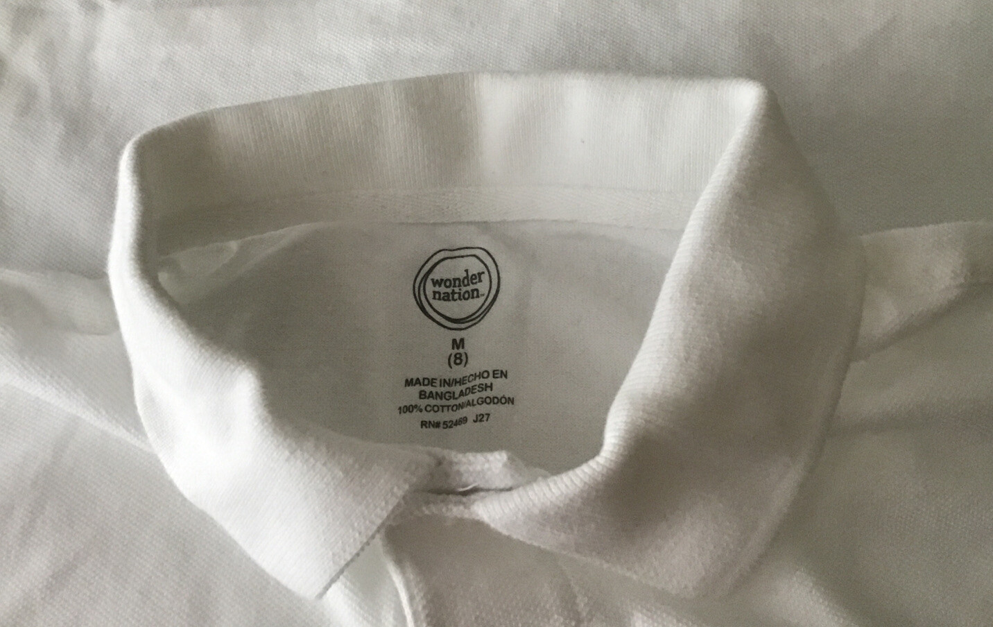 Boys Shirt, White, Polo Style Size 8 M, 100% Cotton, Wonder Nation