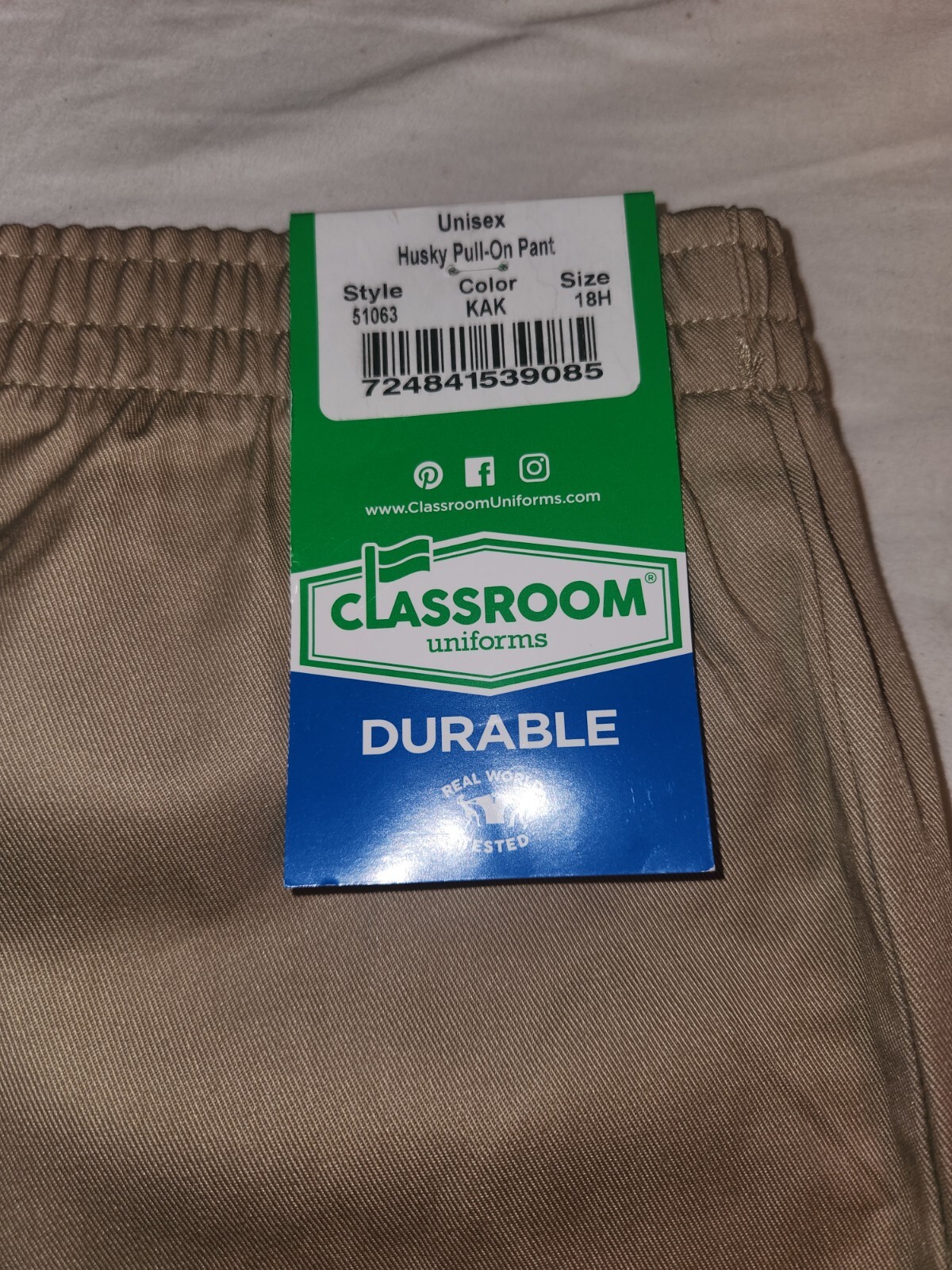 Unisex Classroom Uniform Durable Elastic Waste Size 16 Husky New With Tags