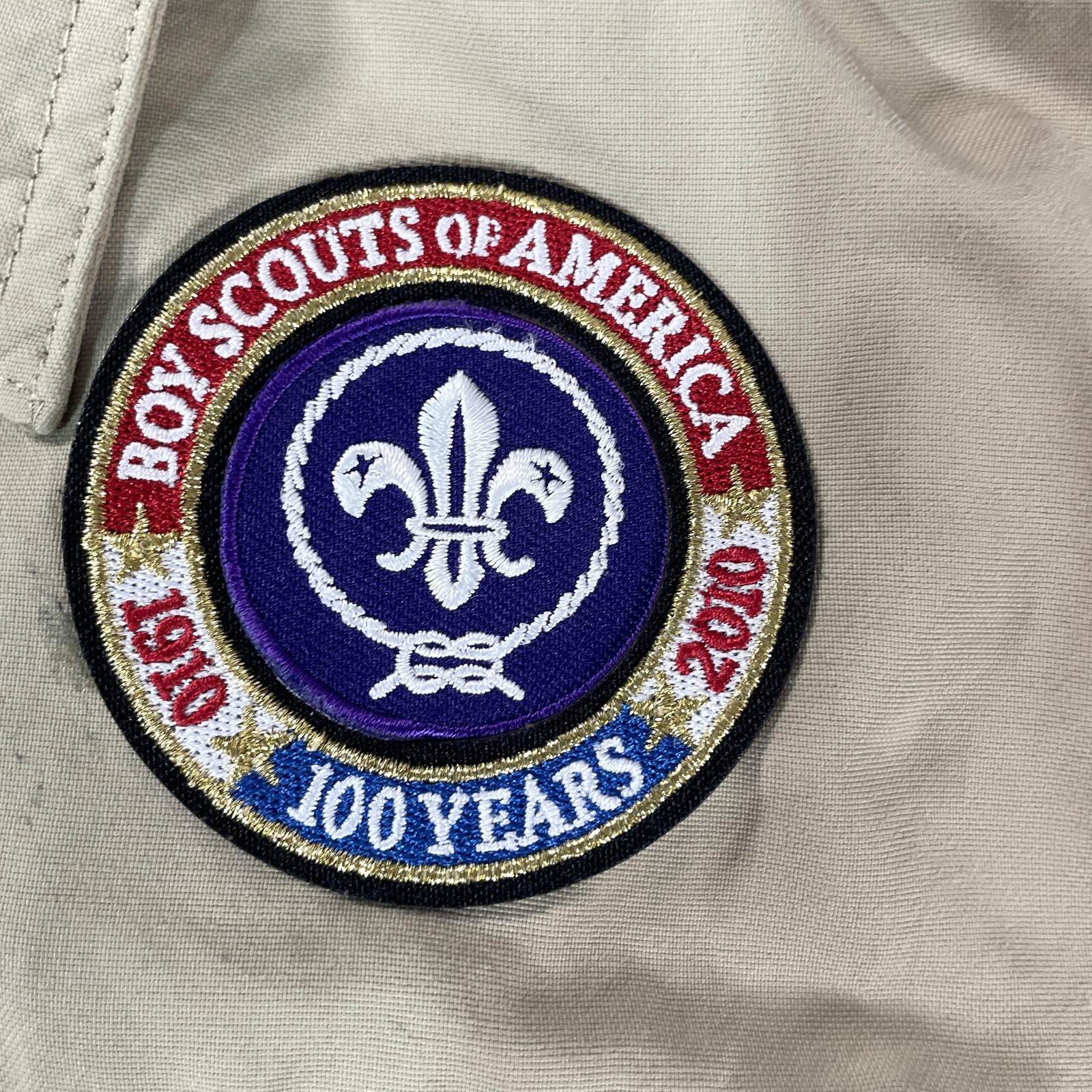 Boy Scouts Of America Shirt Youth Medium Beige Uniform Patches 100 Years 2010