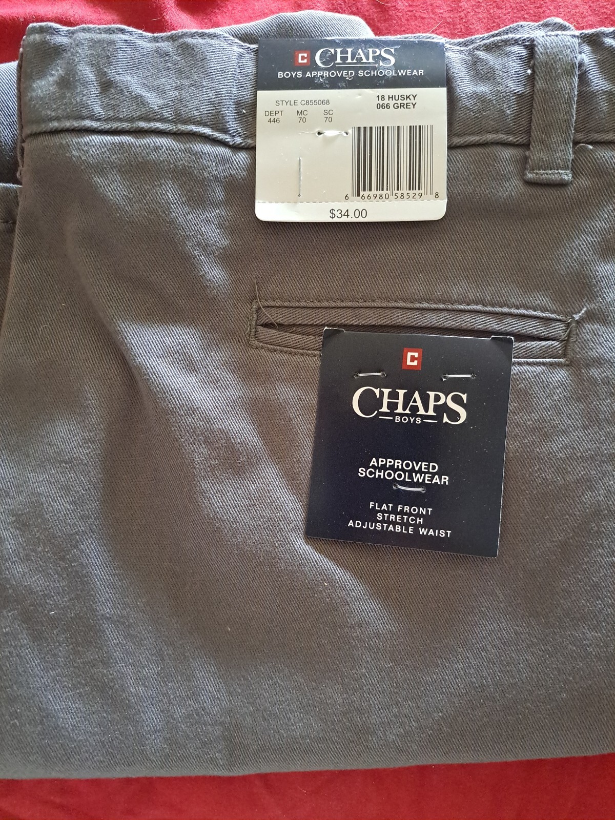 Boys’ CHAPS Grey Flat Front Comfort Stretch Pants Size 18 Husky NEW WITH TAGS.