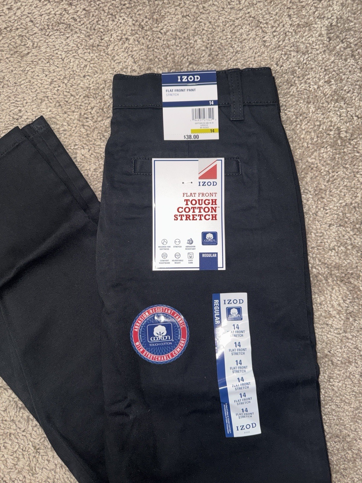 IZOD Boys Black Flat Front Uniform Pants Size 14 Stretch Twill