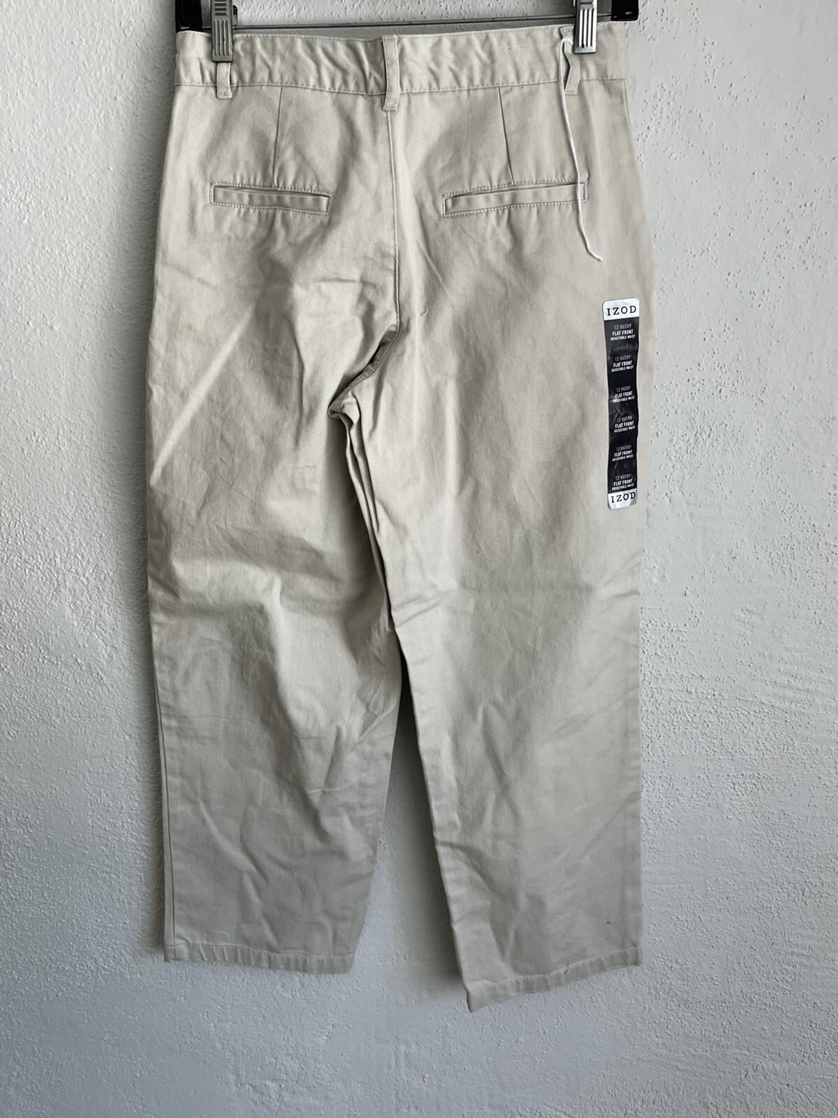 Izod Boys Begie 100% Cotton Flat Front Adjustable Waist Uniform Pant, 12 Husky