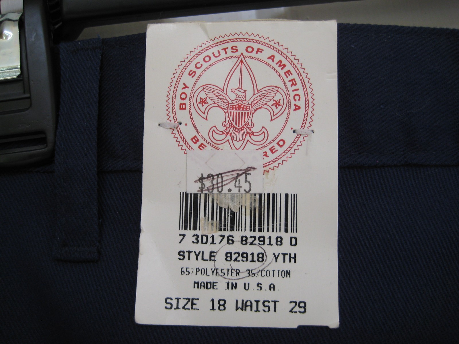 BOY SCOUT UNIFORM PANT BSA NAVY BLUE UNHEMMED SZ 18 (29″ W) OR SZ 20 (30″ W) NEW