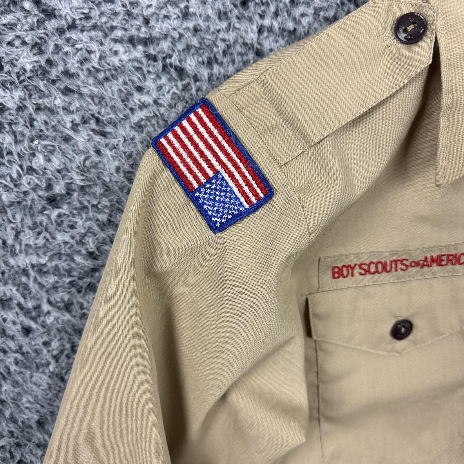 Vintage Boy Scouts Of America Shirt Boys 16 Beige Uniform Long Sleeve Patches