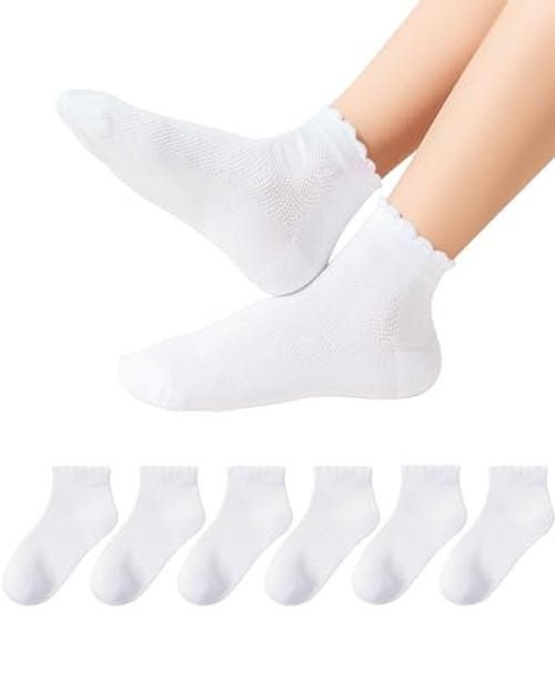 Funjoon Girls Ruffle Socks School Uniform Kids Cotton Crew 4-6 Years White
