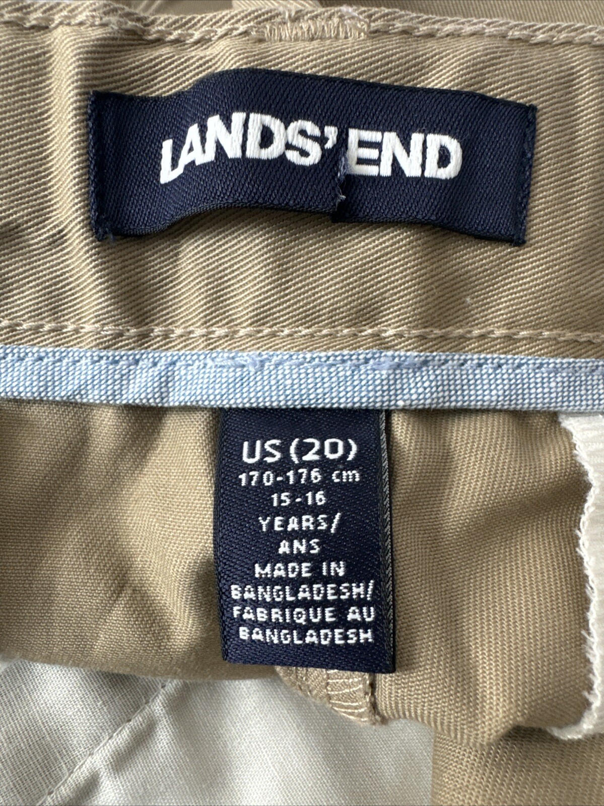 Lands End Boys Sz 20 15-16 YRS Khaki Chino Pants 33Wx32L” Iron Knee #3125