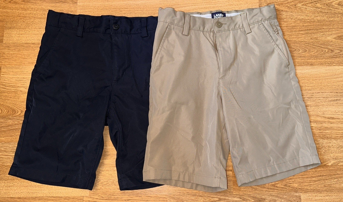 Lot of 2 Boys Lands End School Uniform Performance Shorts – Tan & Navy – Size 10