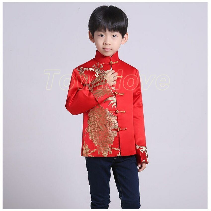 Chinese Tang Suit Red Clothing for Kids Boy Hanfu Top Dragon Print Party Stage