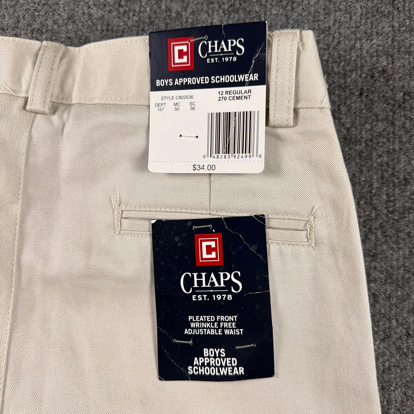 Chaps Pleated Front Pants Boys 12 Regular Cement Tan Schoolwear Adjustable Waist