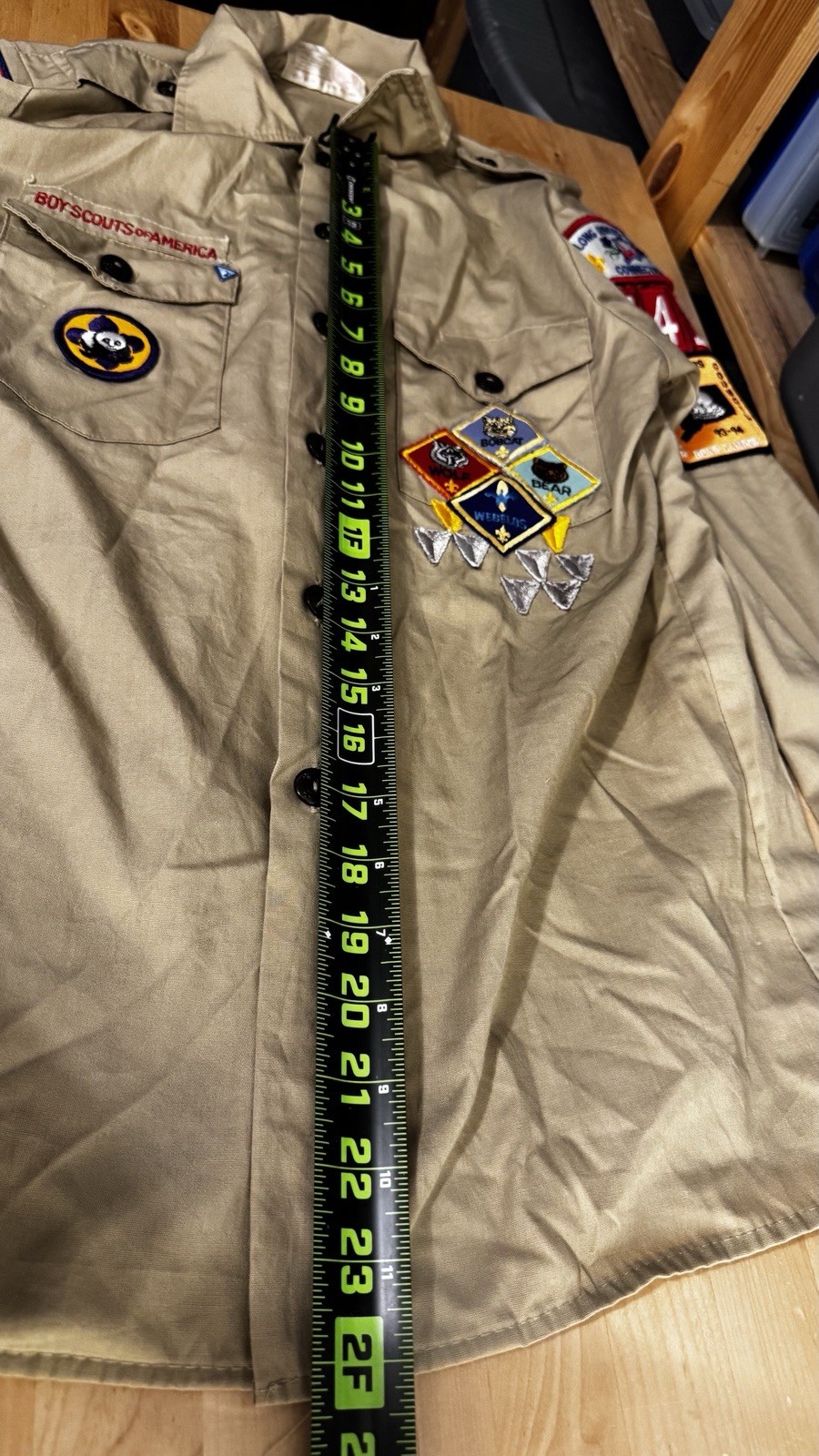 Boy Scouts BSA Cub Scouts Shirt Youth Large Tan Long Sleeve Uniform Patch Stains
