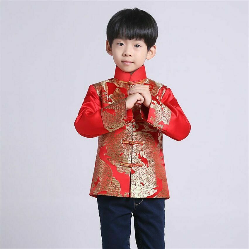 Chinese Tang Suit Red Clothing for Kids Boy Hanfu Dragon Print Party Top Stage