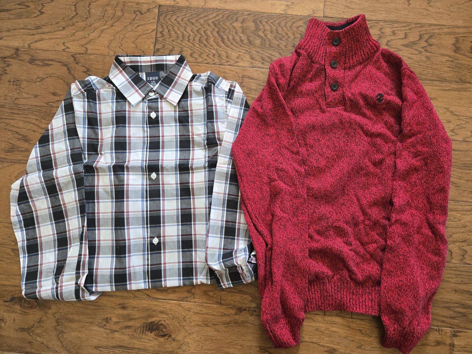 NWT Izod Boys Ribbed Red Sweater & Plaid Button-Up Dress Shirt Set 14/16
