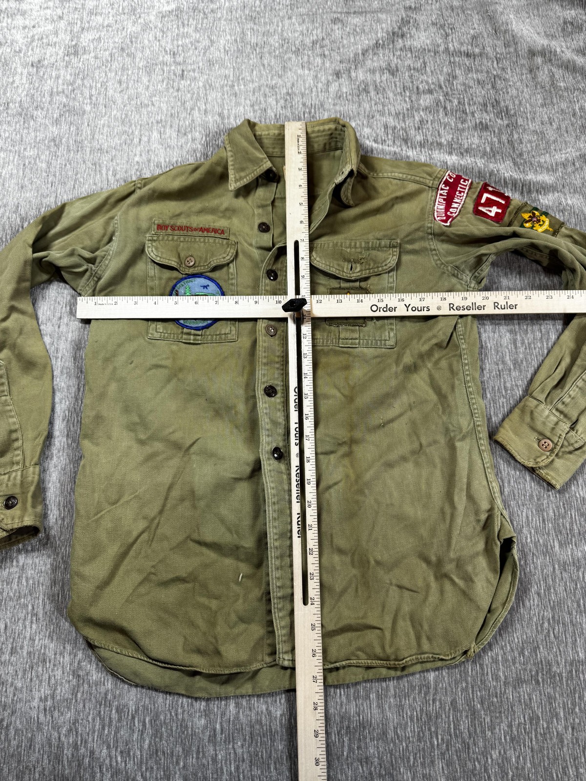 Vintage Boy Scouts Of America Shirt Green Sanforized Uniform Patches Quinnipiac