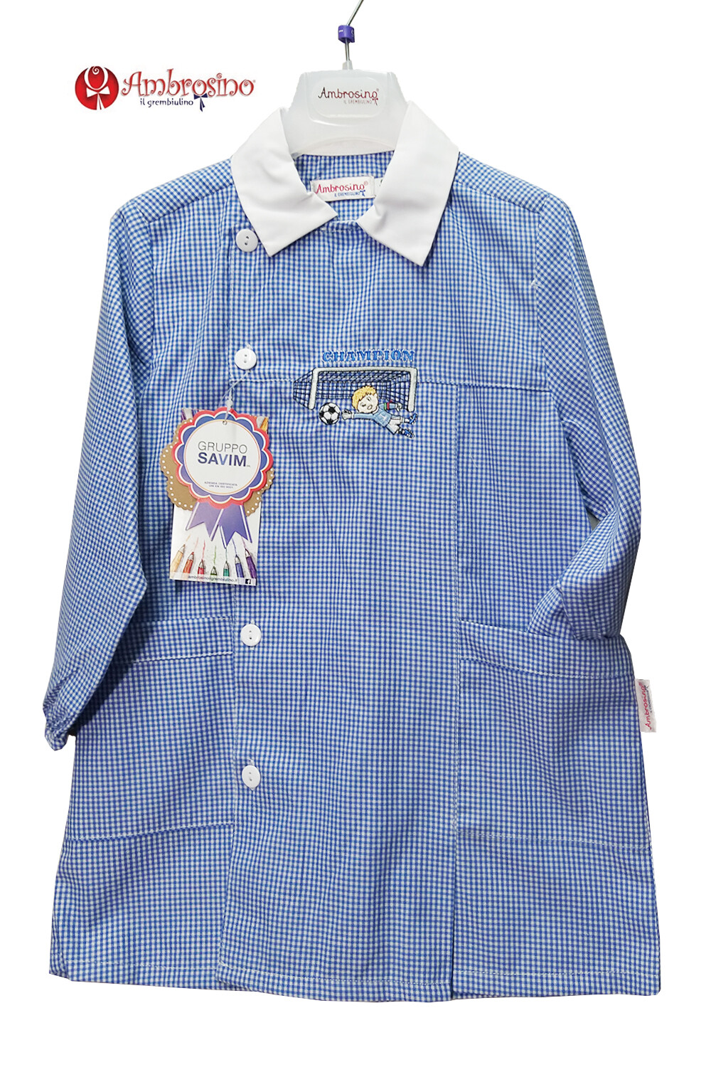 Child apron with light blue checkered pattern for nursery school AMBROSINO SAVIM