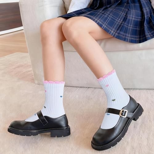 Ruffle Ankle Crew Socks School Uniform 8-11 Years 4 Pairs White With Hearts